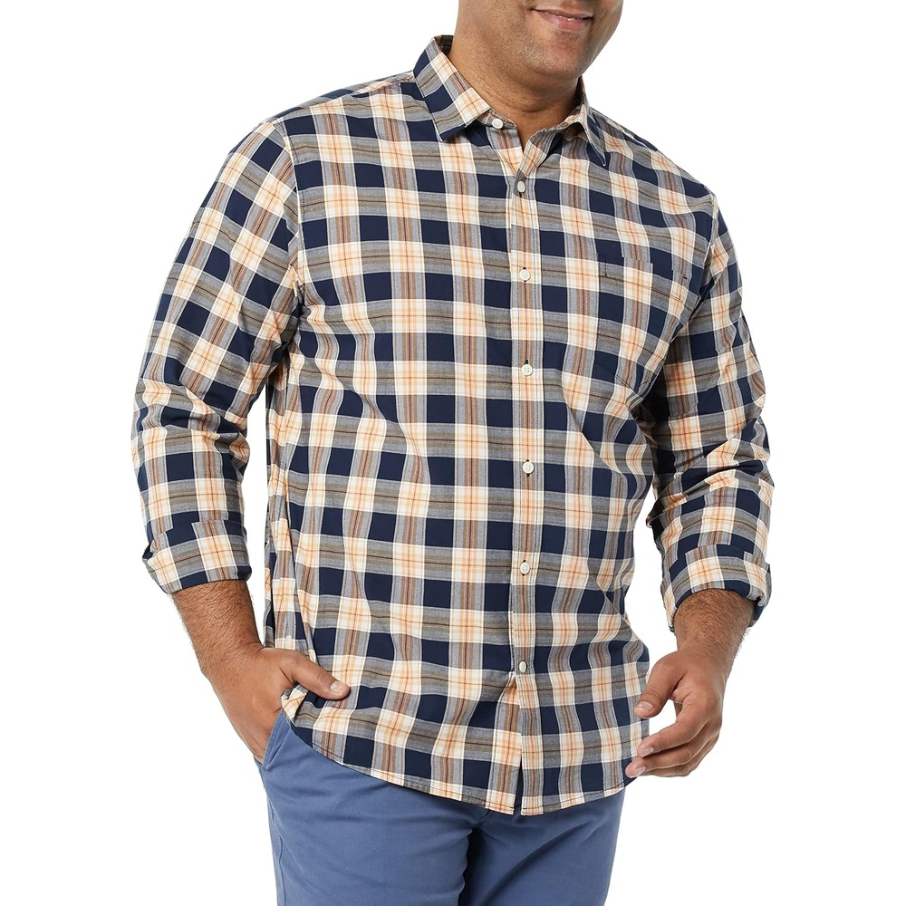 image:imageAmazon Essentials Mens LongSleeve RegularFit Stretch Poplin ShirtNavyGold Plaid