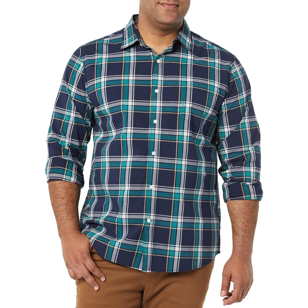 image:imageAmazon Essentials Mens LongSleeve RegularFit Stretch Poplin ShirtNavyGreen Plaid