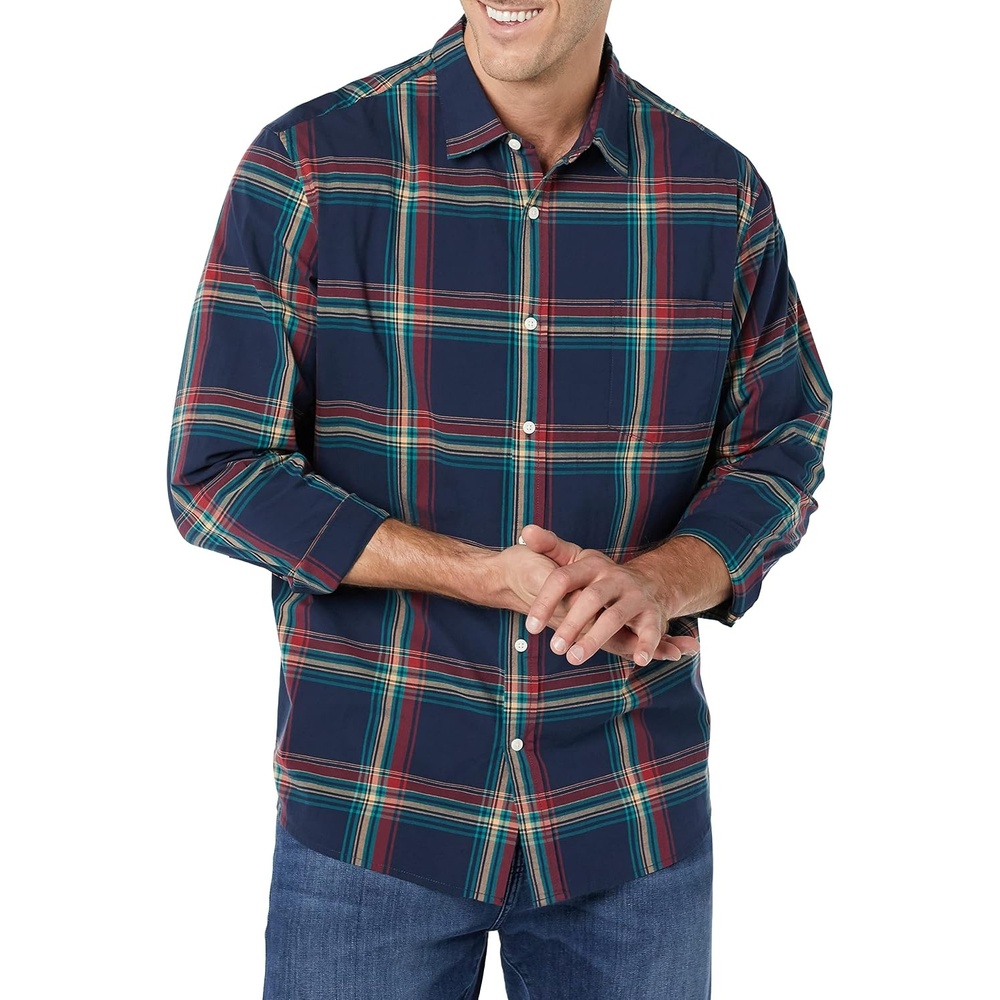 image:imageAmazon Essentials Mens LongSleeve RegularFit Stretch Poplin ShirtNavyMulticolor Plaid