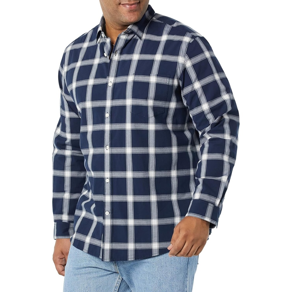 image:imageAmazon Essentials Mens LongSleeve RegularFit Stretch Poplin ShirtNavyWhite Buffalo Plaid