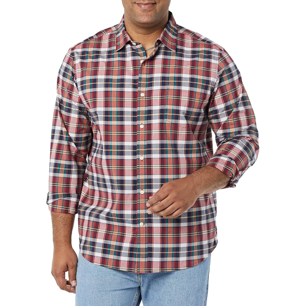image:imageAmazon Essentials Mens LongSleeve RegularFit Stretch Poplin ShirtRedMulticolor Plaid