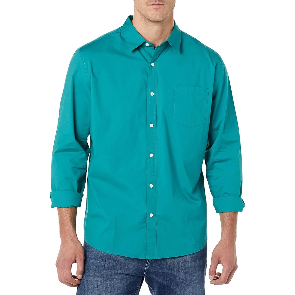 image:imageAmazon Essentials Mens LongSleeve RegularFit Stretch Poplin ShirtTeal