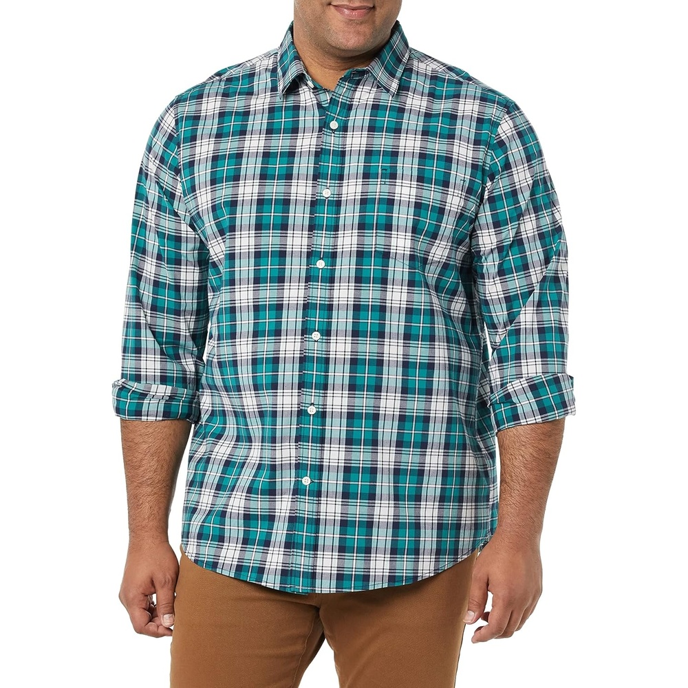 image:imageAmazon Essentials Mens LongSleeve RegularFit Stretch Poplin ShirtTeal Blue White Plaid