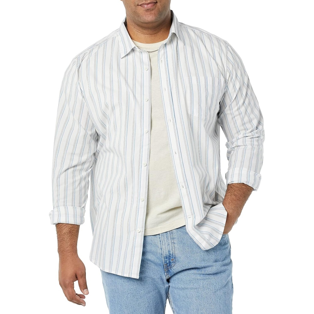 image:imageAmazon Essentials Mens LongSleeve RegularFit Stretch Poplin ShirtWhiteMulticolor Stripe