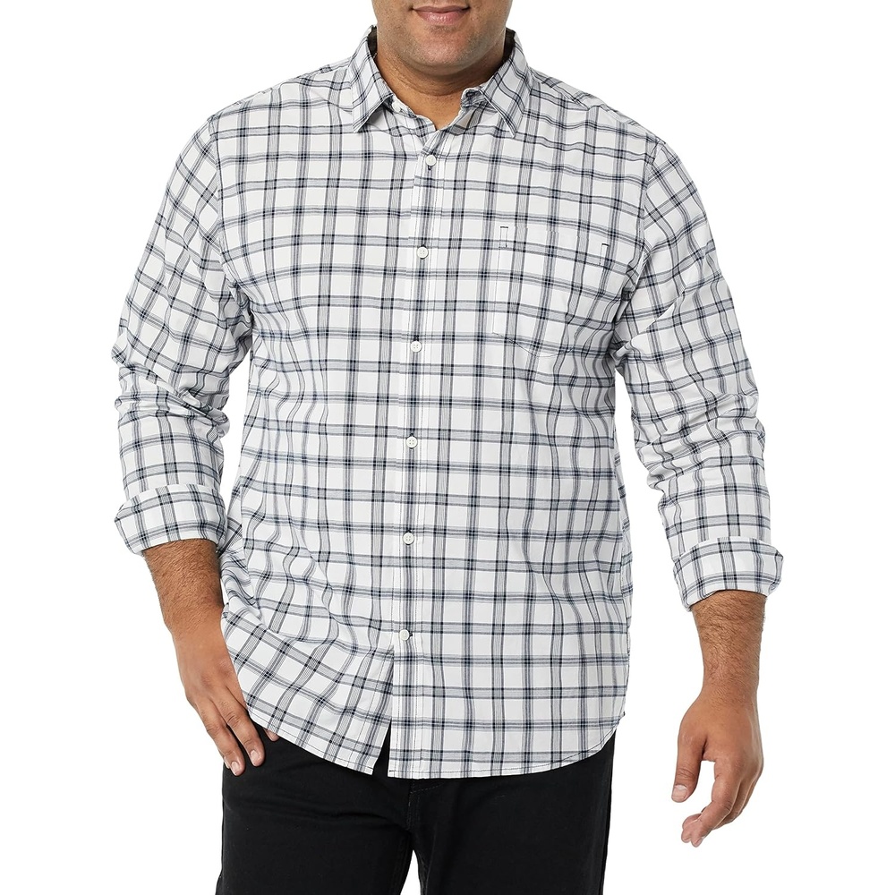 image:imageAmazon Essentials Mens LongSleeve RegularFit Stretch Poplin ShirtWhiteNavy Plaid