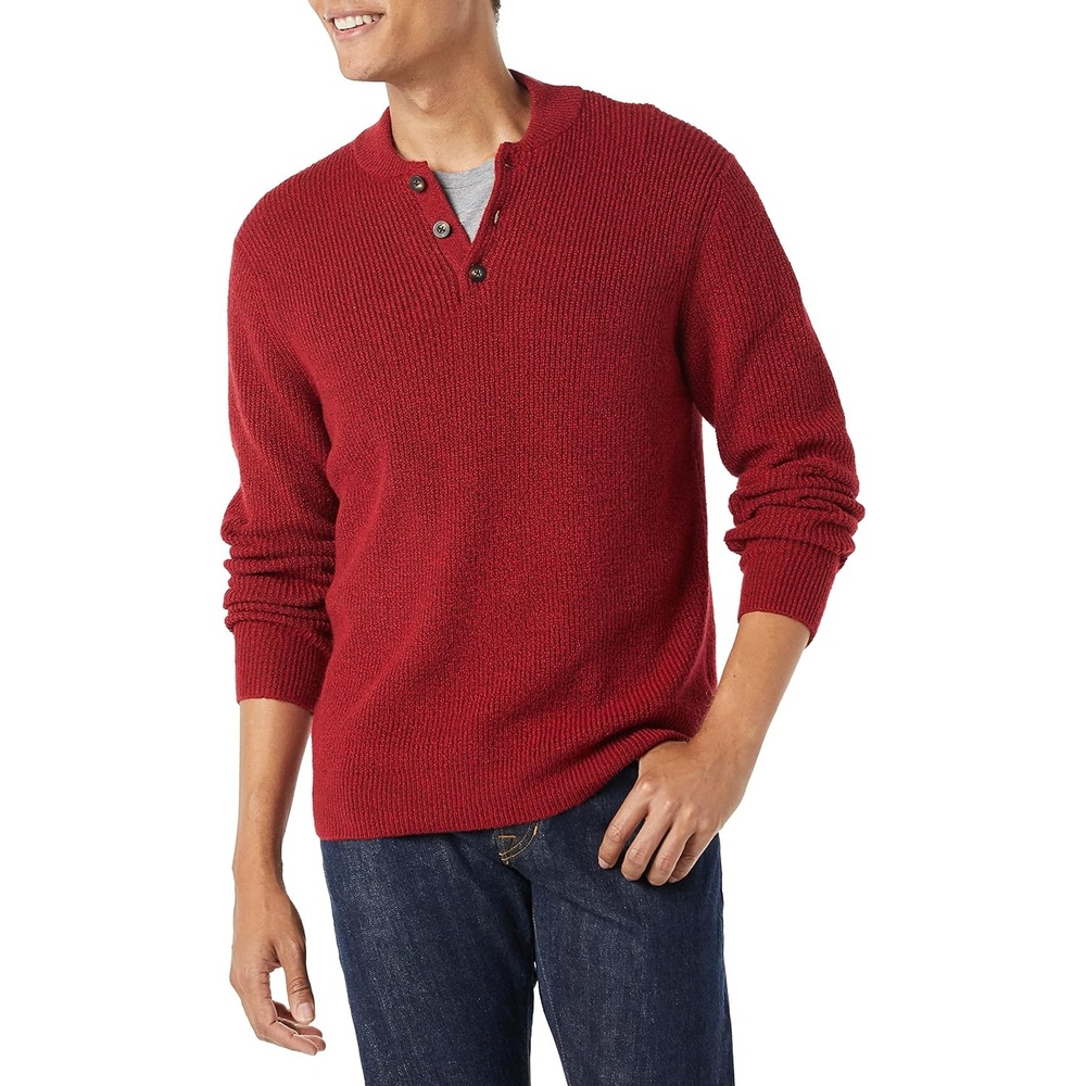 image:imageAmazon Essentials Mens LongSleeve Soft Touch Cotton Blend Henley SweaterRed
