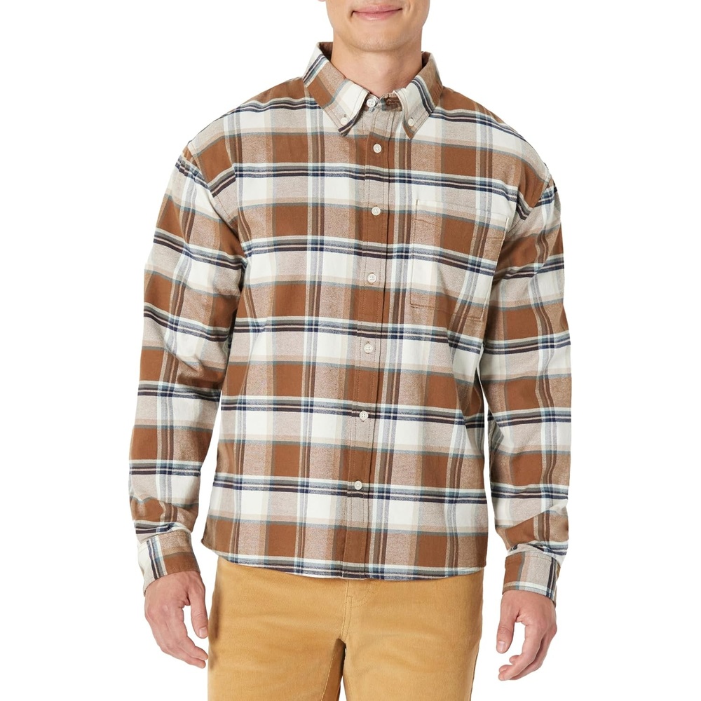 image:imageAmazon Essentials Mens Modern OversizedFit Cotton ButtonDown Oxford ShirtBrown Mint Country Plaid