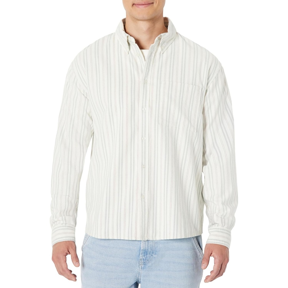 image:imageAmazon Essentials Mens Modern OversizedFit Cotton ButtonDown Oxford ShirtIvory Light Sage Green Stripe