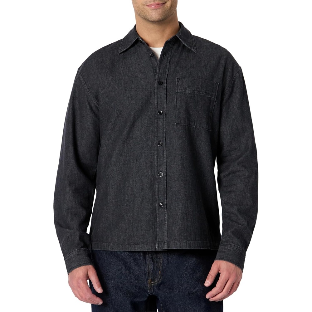 image:imageAmazon Essentials Mens Modern OversizedFit Denim ButtonDown Shirt Button FrontBlack