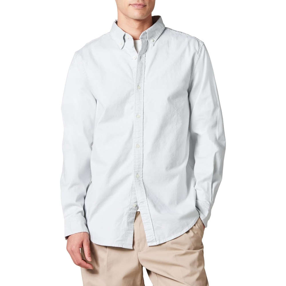 image:imageAmazon Essentials Mens Oxford Shirt SlimFit Stretch LongSleeve Button UpLight Grey