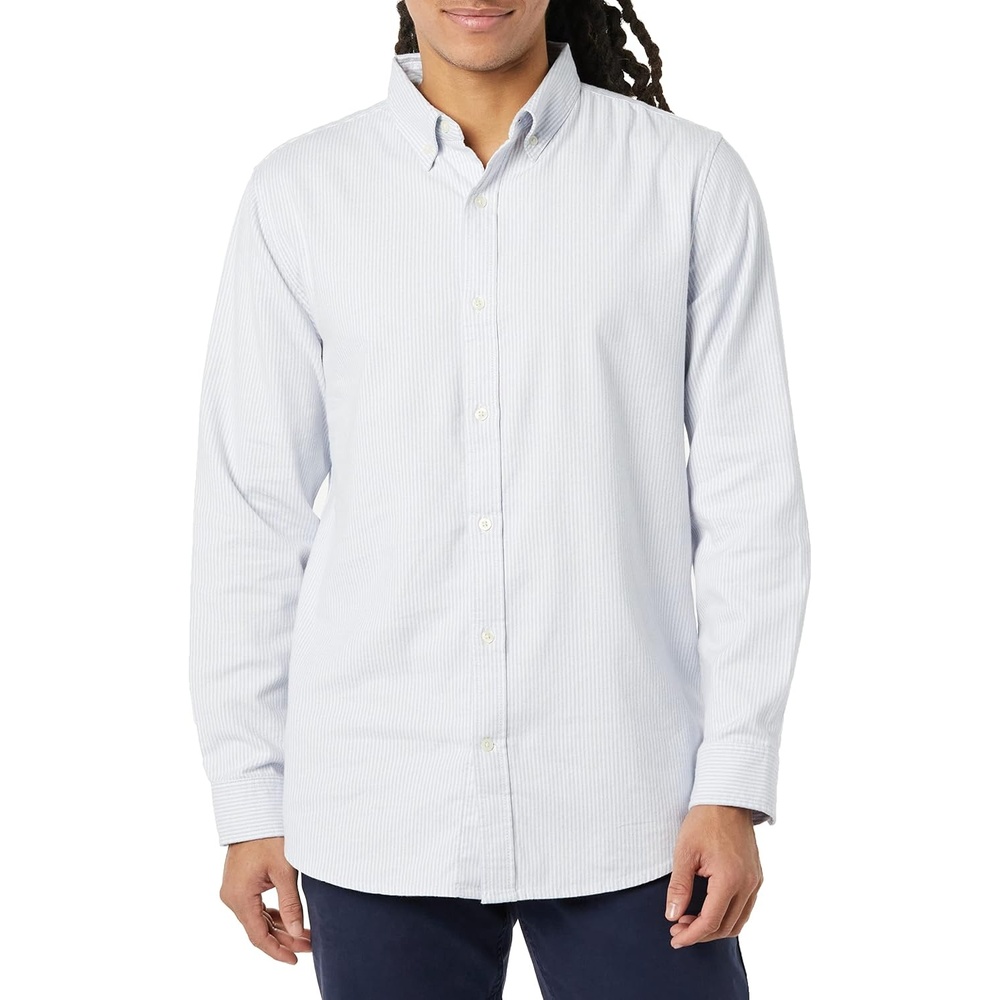 image:imageAmazon Essentials Mens Oxford Shirt SlimFit Stretch LongSleeve Button UpPowder Blue Vertical Stripe