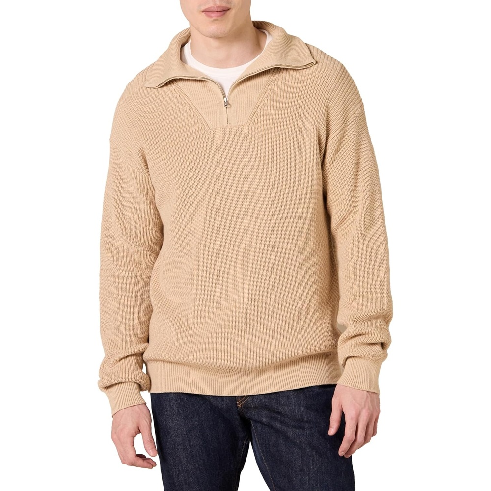 image:imageAmazon Essentials Mens QuarterZip RibKnit RelaxedFit Cotton SweaterLight Camel