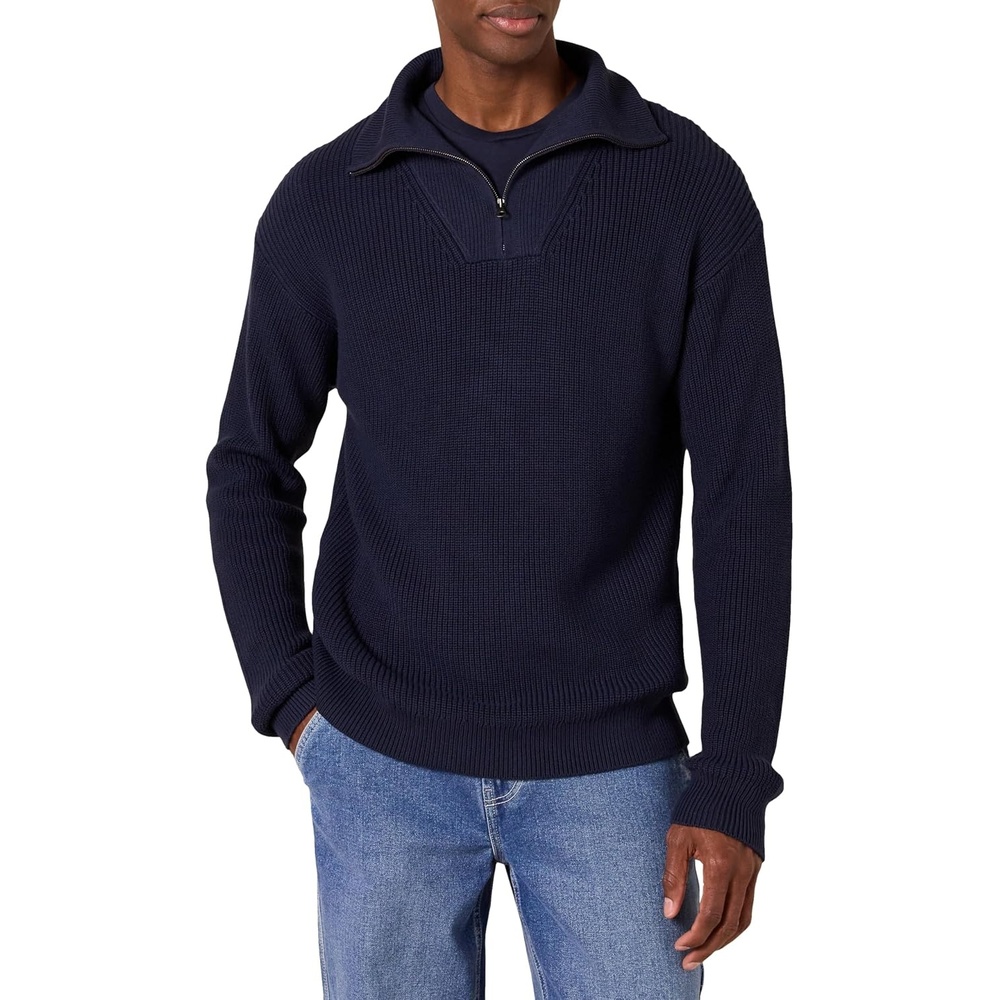 image:imageAmazon Essentials Mens QuarterZip RibKnit RelaxedFit Cotton SweaterNavy