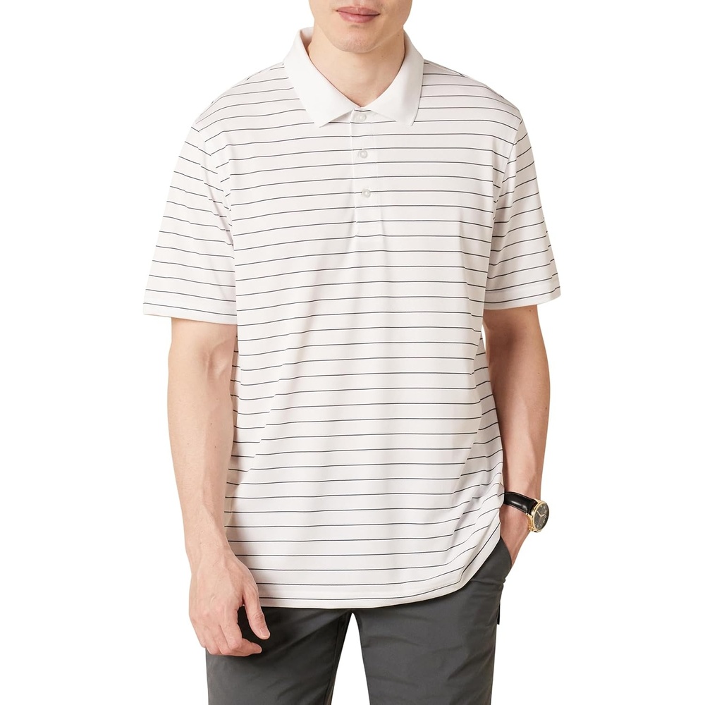 image:imageAmazon Essentials Mens Regular Fit Golf Polo Shirt MoistureWicking Quick Dry Recycled Polyester Short SleeveBlack White Thin Stripe