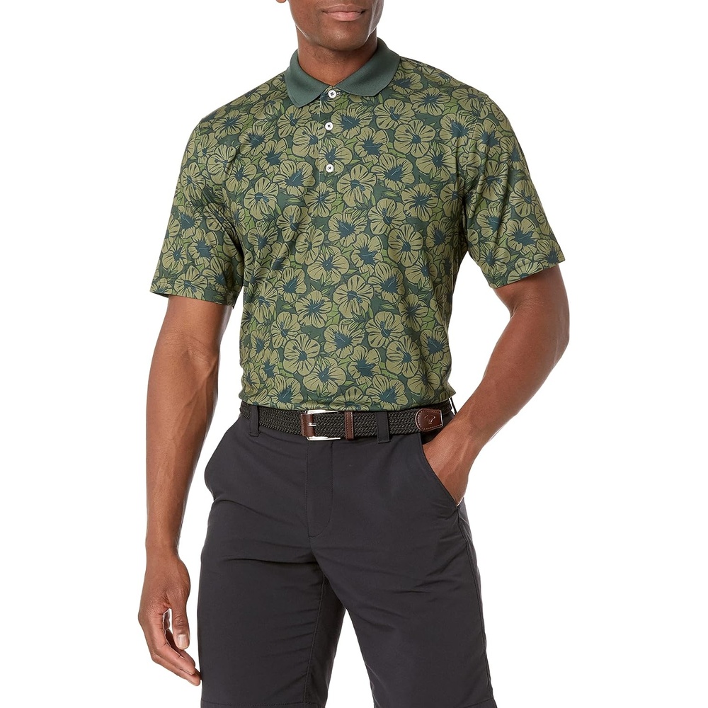 image:imageAmazon Essentials Mens Regular Fit Golf Polo Shirt MoistureWicking Quick Dry Recycled Polyester Short SleeveOlive Hibiscus Flower