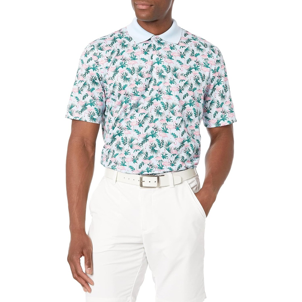 image:imageAmazon Essentials Mens Regular Fit Golf Polo Shirt MoistureWicking Quick Dry Recycled Polyester Short SleevePale Blue Flamingo