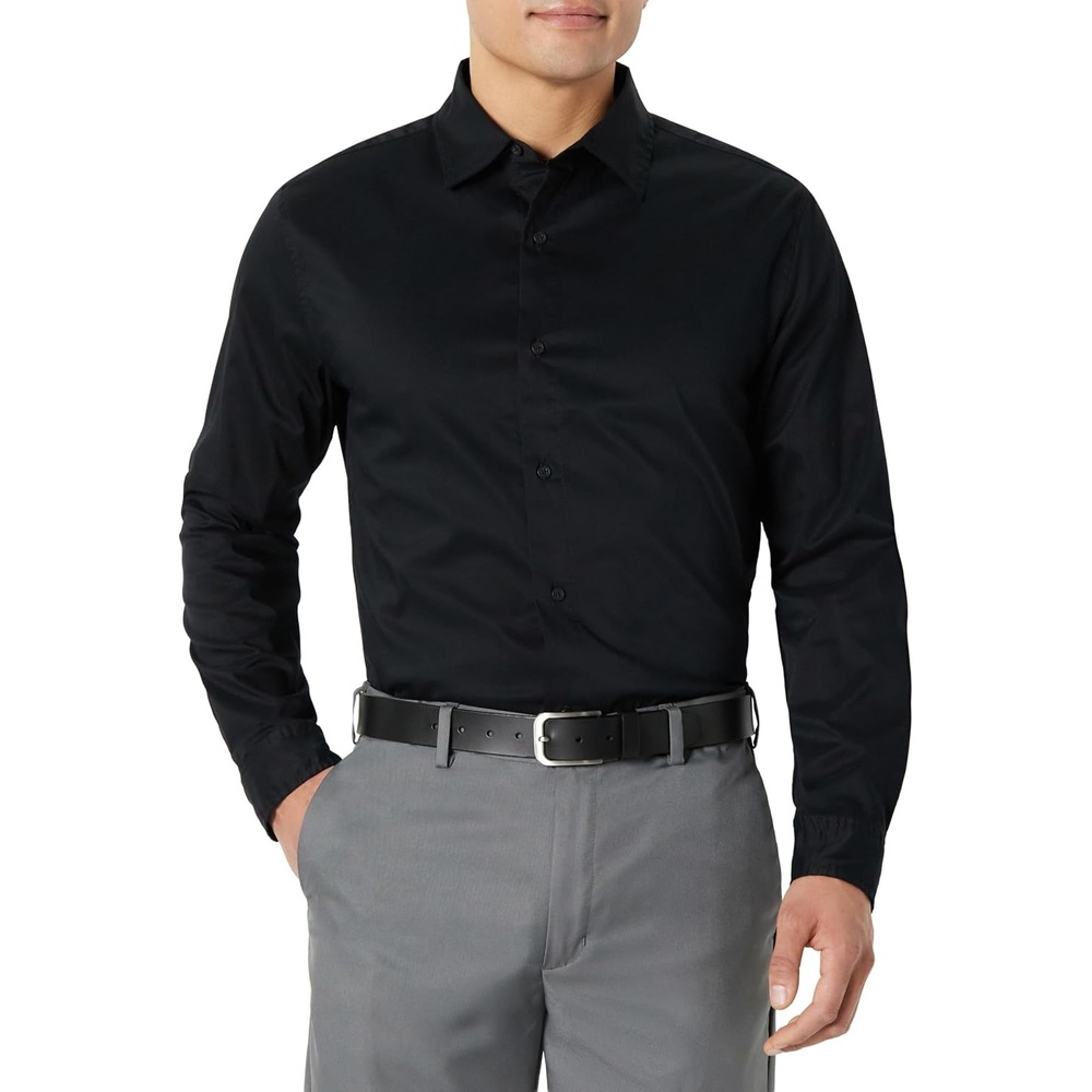 image:imageAmazon Essentials Mens Regular Fit Long Sleeve Wrinkle Resistant Stretch Dress ShirtBlack