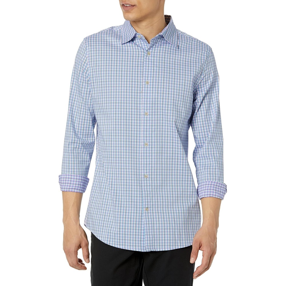 image:imageAmazon Essentials Mens Regular Fit Long Sleeve Wrinkle Resistant Stretch Dress ShirtBlue White Grid Check