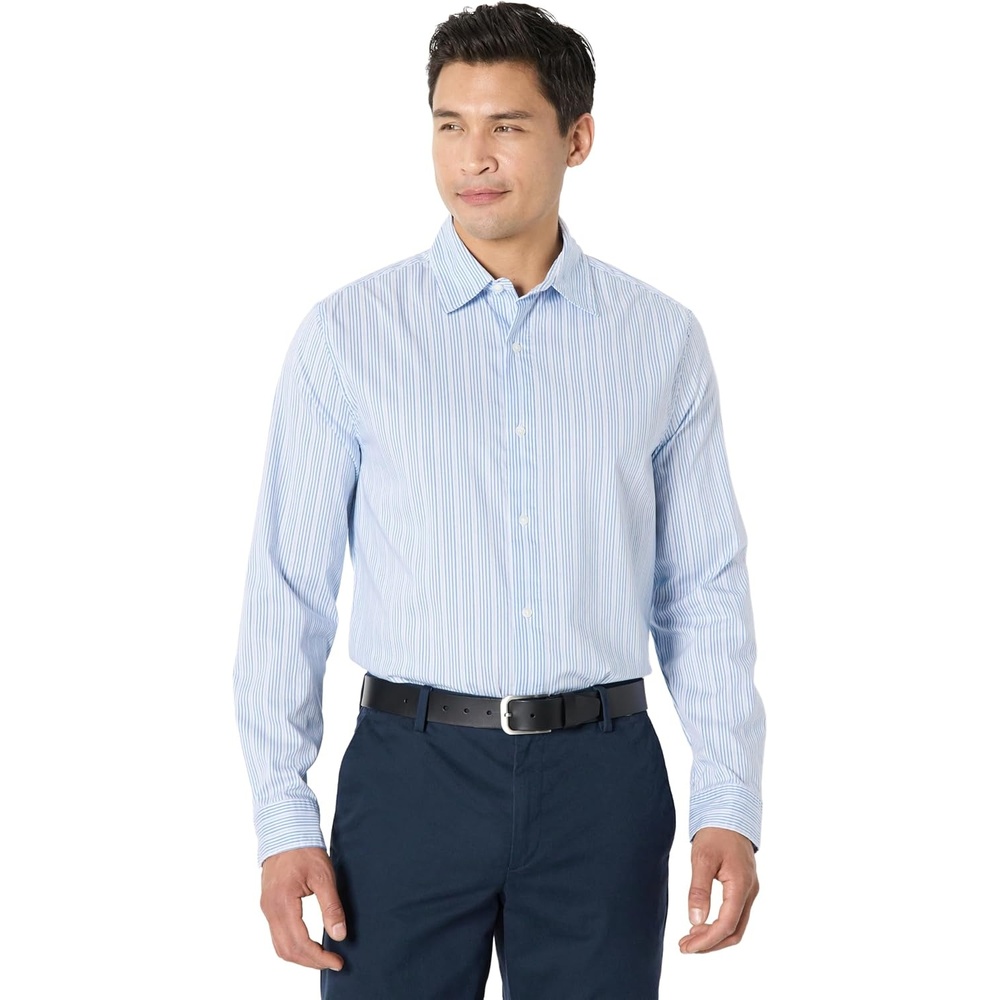 image:imageAmazon Essentials Mens Regular Fit Long Sleeve Wrinkle Resistant Stretch Dress ShirtBlue White Pinstripe