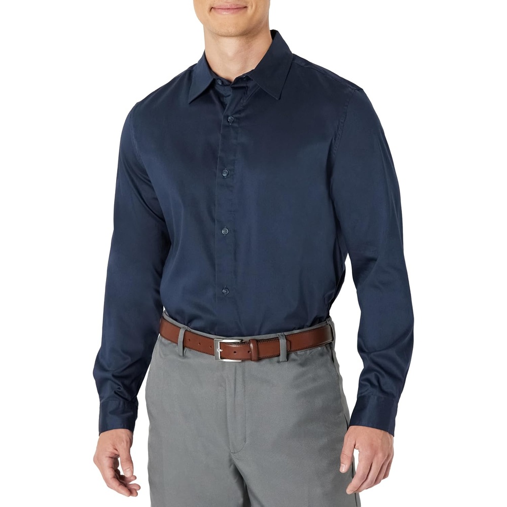 image:imageAmazon Essentials Mens Regular Fit Long Sleeve Wrinkle Resistant Stretch Dress ShirtNavy