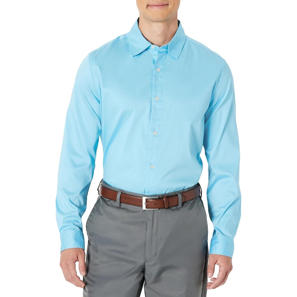 image:imageAmazon Essentials Mens Regular Fit Long Sleeve Wrinkle Resistant Stretch Dress ShirtSky Blue