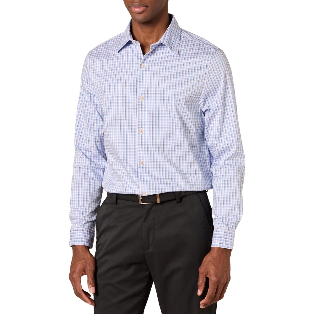 image:imageAmazon Essentials Mens Regular Fit Long Sleeve Wrinkle Resistant Stretch Dress ShirtWhite Grid Check