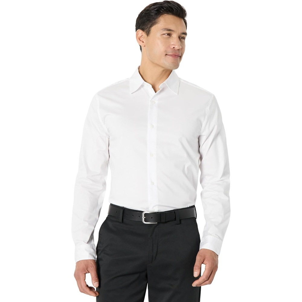 image:imageAmazon Essentials Mens Regular Fit Long Sleeve Wrinkle Resistant Stretch Dress ShirtWhite