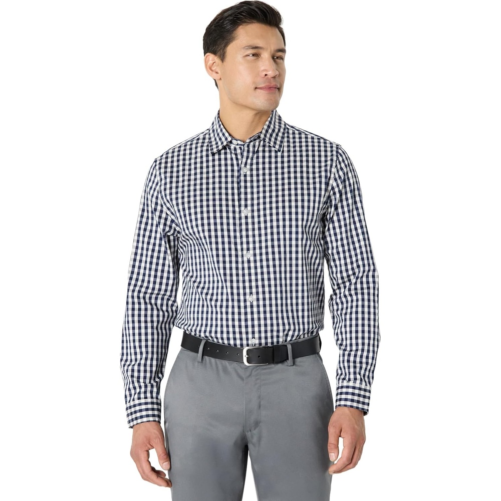 image:imageAmazon Essentials Mens Regular Fit Long Sleeve Wrinkle Resistant Stretch Dress ShirtWhite Gingham