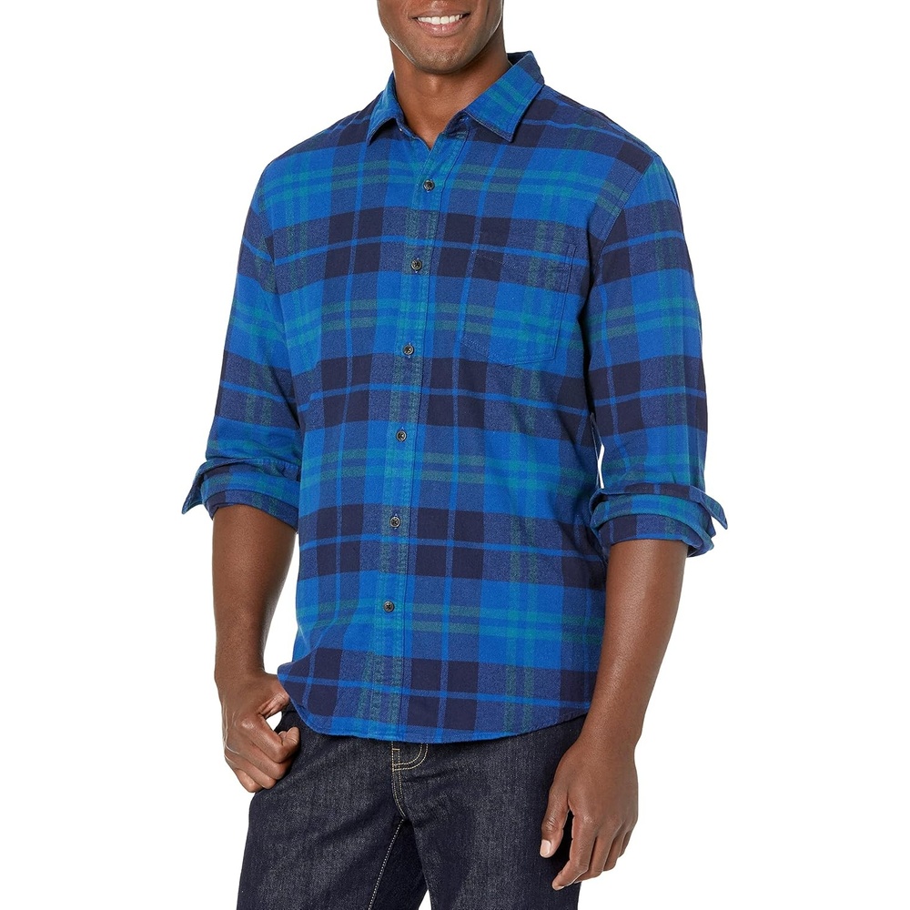 image:imageAmazon Essentials Mens Regular Fit LongSleeve Flannel Shirt Soft Brushed Cotton Lightweight yet WarmBlack Blue Plaid