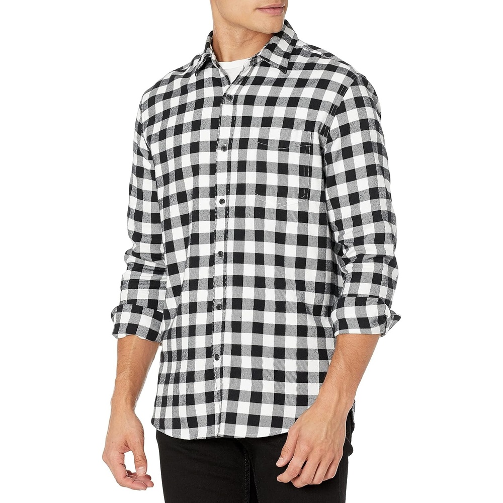 image:imageAmazon Essentials Mens Regular Fit LongSleeve Flannel Shirt Soft Brushed Cotton Lightweight yet WarmBlack Buffalo Plaid
