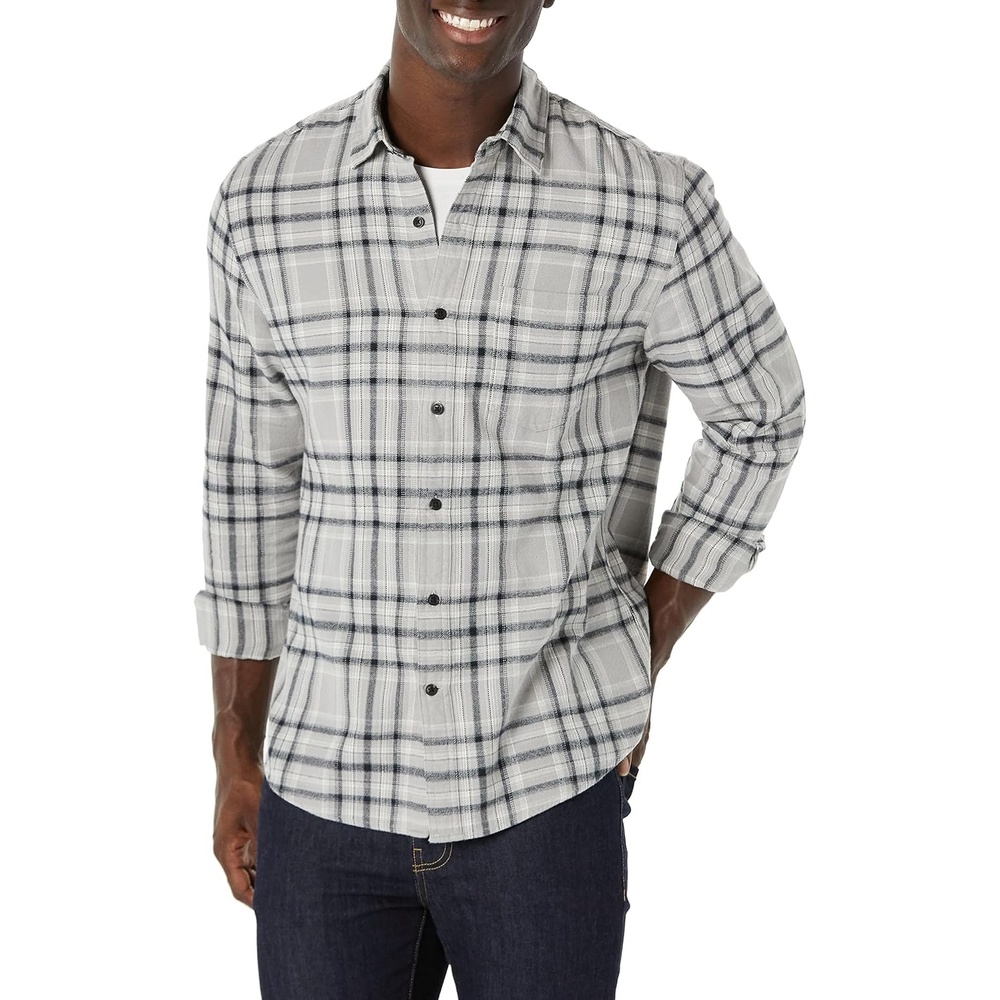 image:imageAmazon Essentials Mens Regular Fit LongSleeve Flannel Shirt Soft Brushed Cotton Lightweight yet WarmBlack Light Grey Plaid