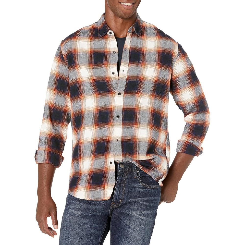 image:imageAmazon Essentials Mens Regular Fit LongSleeve Flannel Shirt Soft Brushed Cotton Lightweight yet WarmBlack Orange Large Plaid