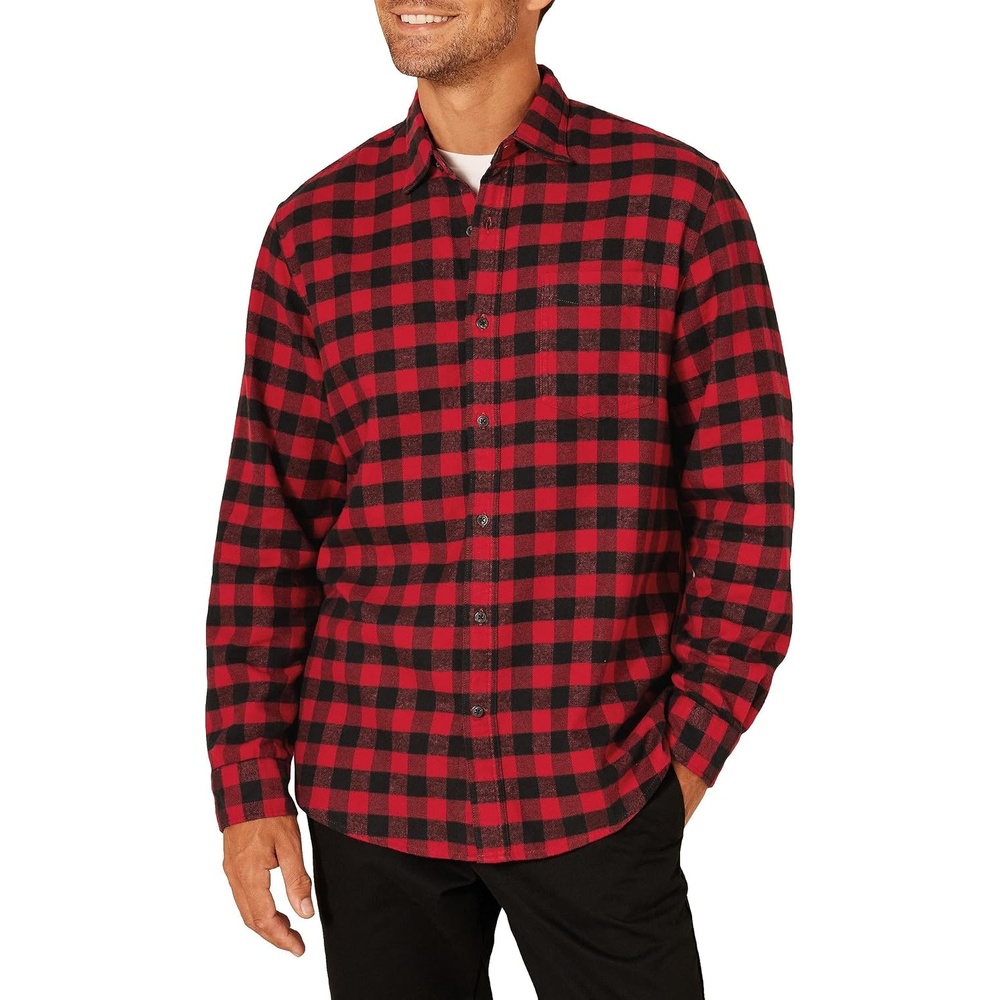 image:imageAmazon Essentials Mens Regular Fit LongSleeve Flannel Shirt Soft Brushed Cotton Lightweight yet WarmBlack Red Buffalo Plaid