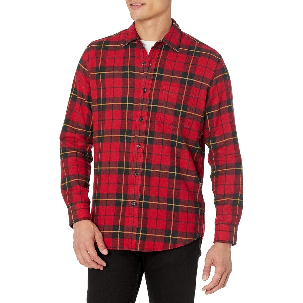 image:imageAmazon Essentials Mens Regular Fit LongSleeve Flannel Shirt Soft Brushed Cotton Lightweight yet WarmBlack Red Yellow Large Plaid
