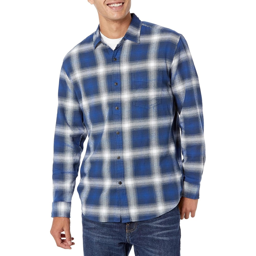 image:imageAmazon Essentials Mens Regular Fit LongSleeve Flannel Shirt Soft Brushed Cotton Lightweight yet WarmBlue White Large Plaid
