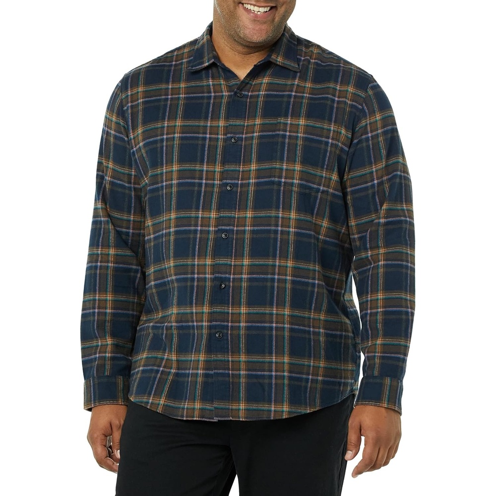 image:imageAmazon Essentials Mens Regular Fit LongSleeve Flannel Shirt Soft Brushed Cotton Lightweight yet WarmBrown Dark Navy Plaid