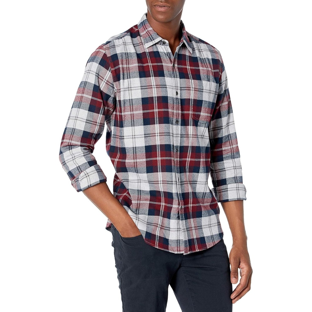 image:imageAmazon Essentials Mens Regular Fit LongSleeve Flannel Shirt Soft Brushed Cotton Lightweight yet WarmBurgundy Grey Plaid