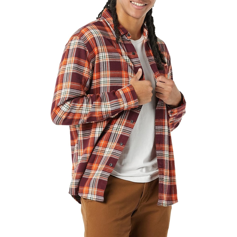 image:imageAmazon Essentials Mens Regular Fit LongSleeve Flannel Shirt Soft Brushed Cotton Lightweight yet WarmBurgundy Orange Plaid