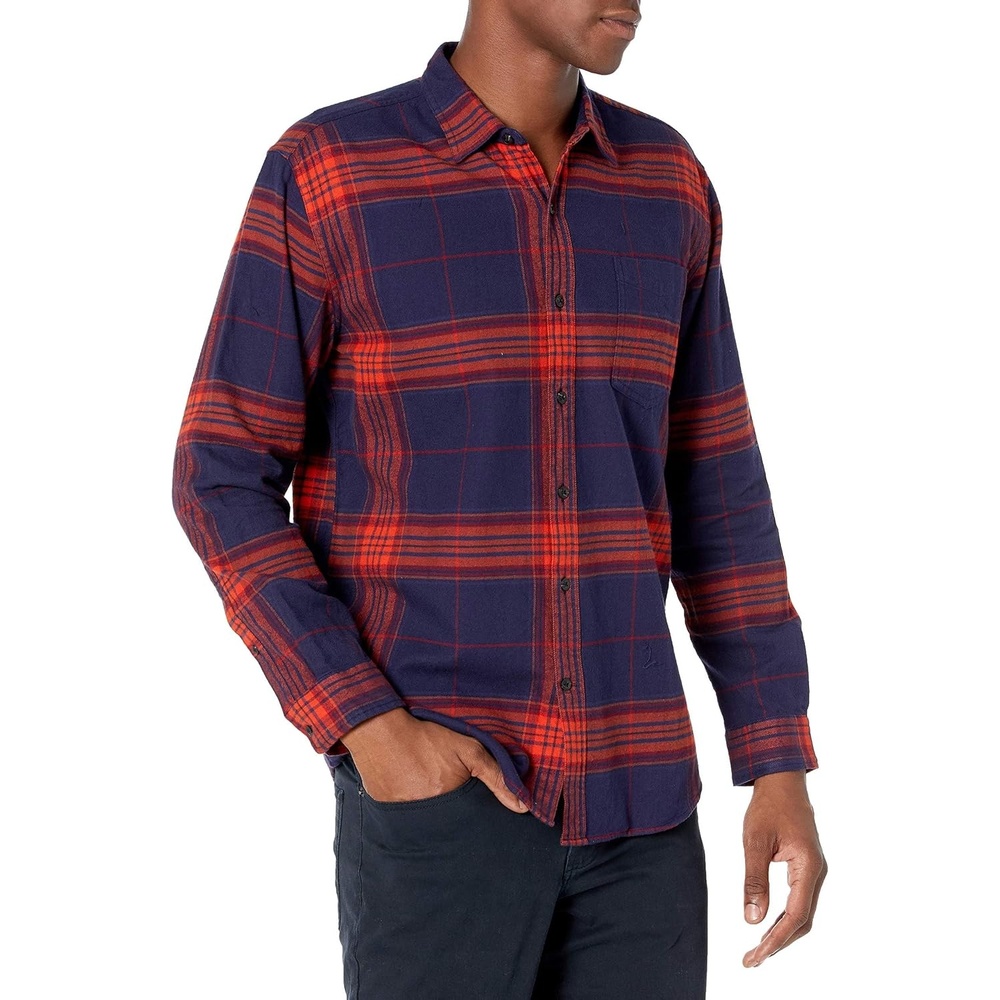 image:imageAmazon Essentials Mens Regular Fit LongSleeve Flannel Shirt Soft Brushed Cotton Lightweight yet WarmDark Blue Orange Large Plaid