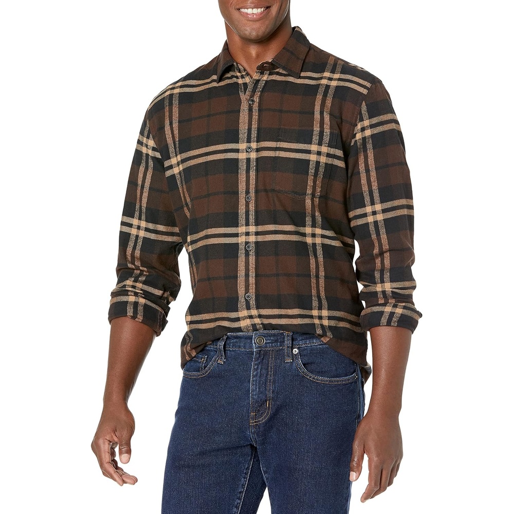 image:imageAmazon Essentials Mens Regular Fit LongSleeve Flannel Shirt Soft Brushed Cotton Lightweight yet WarmDark Brown Plaid