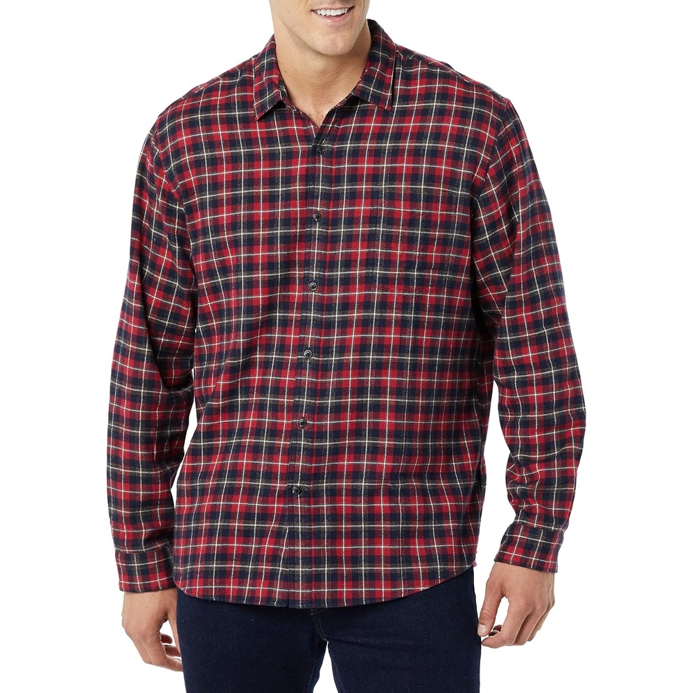 image:imageAmazon Essentials Mens Regular Fit LongSleeve Flannel Shirt Soft Brushed Cotton Lightweight yet WarmDark Red Plaid