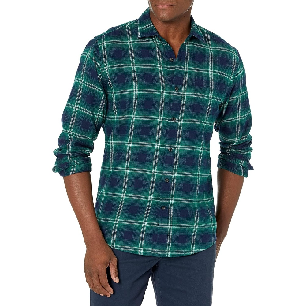 image:imageAmazon Essentials Mens Regular Fit LongSleeve Flannel Shirt Soft Brushed Cotton Lightweight yet WarmGreen Navy Ombre Plaid