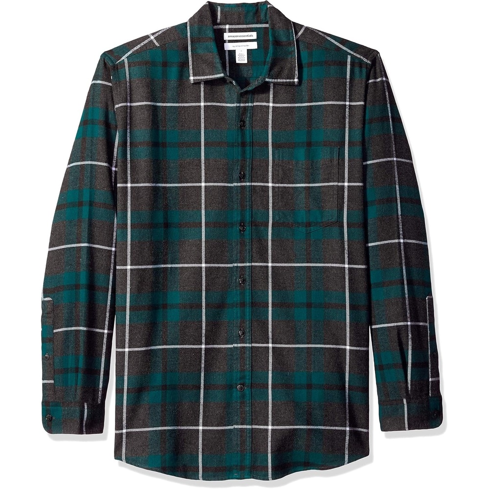image:imageAmazon Essentials Mens Regular Fit LongSleeve Flannel Shirt Soft Brushed Cotton Lightweight yet WarmGreenCharcoal Heather  Plaid