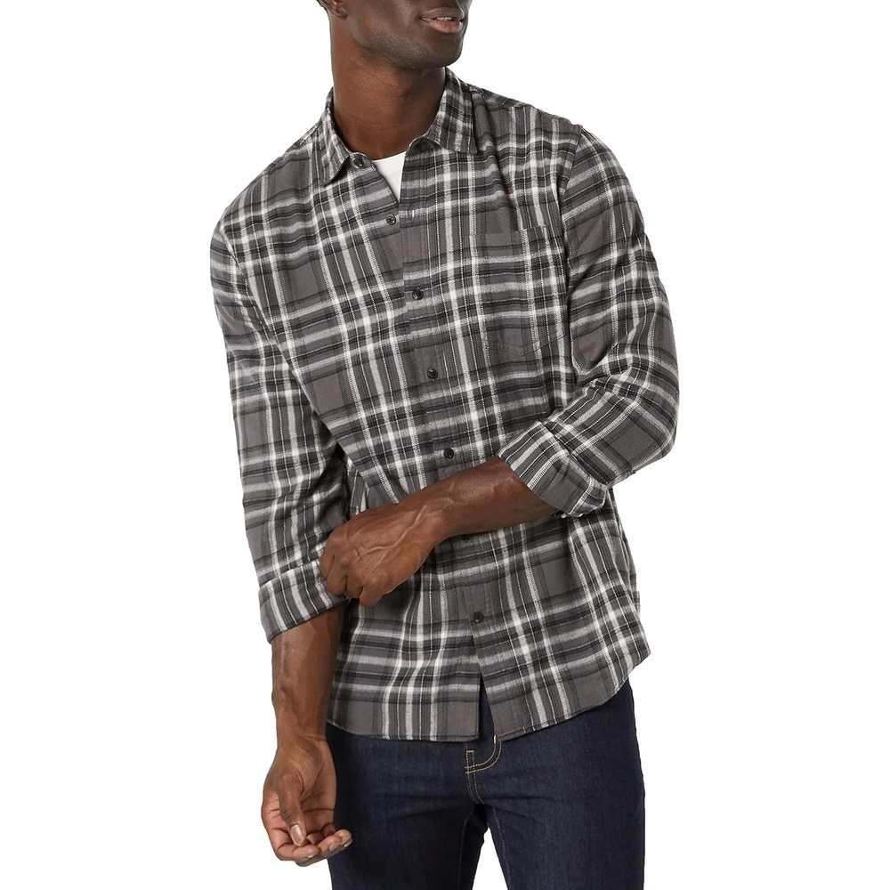 image:imageAmazon Essentials Mens Regular Fit LongSleeve Flannel Shirt Soft Brushed Cotton Lightweight yet WarmGrey Plaid