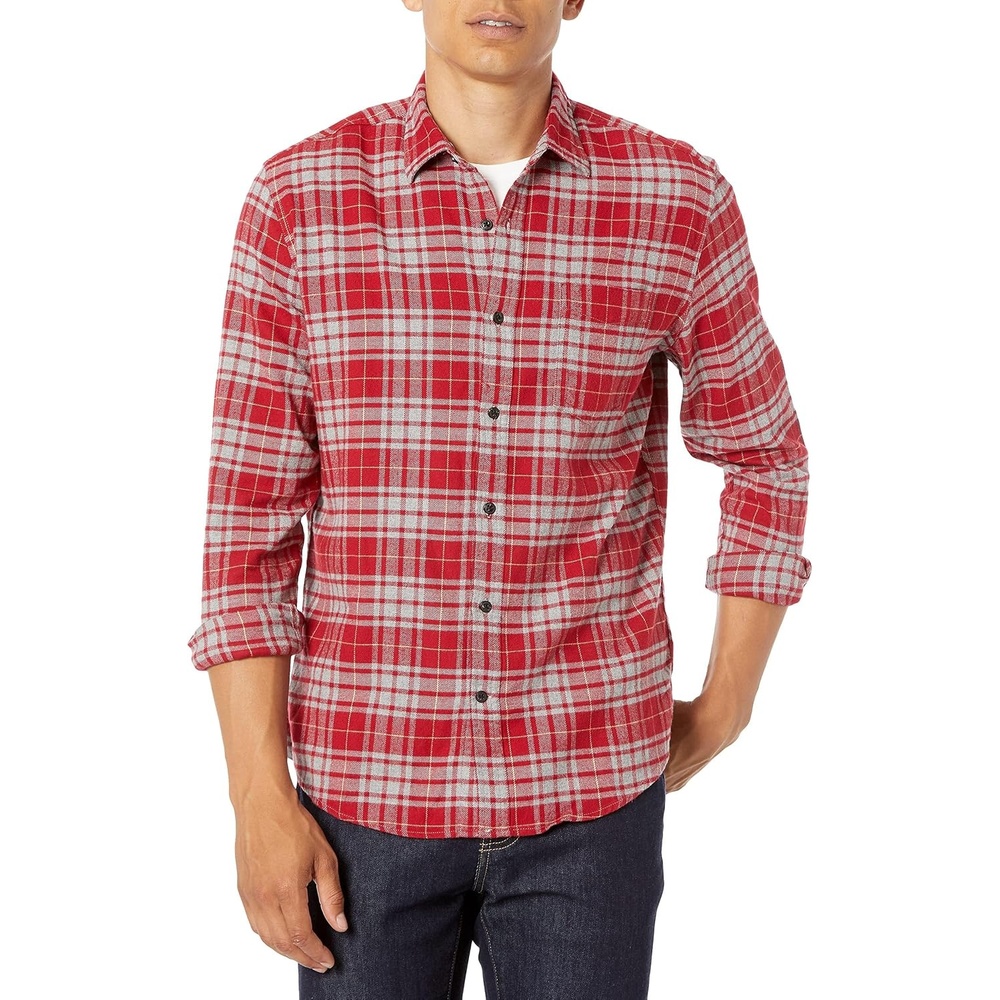 image:imageAmazon Essentials Mens Regular Fit LongSleeve Flannel Shirt Soft Brushed Cotton Lightweight yet WarmGrey Red Plaid