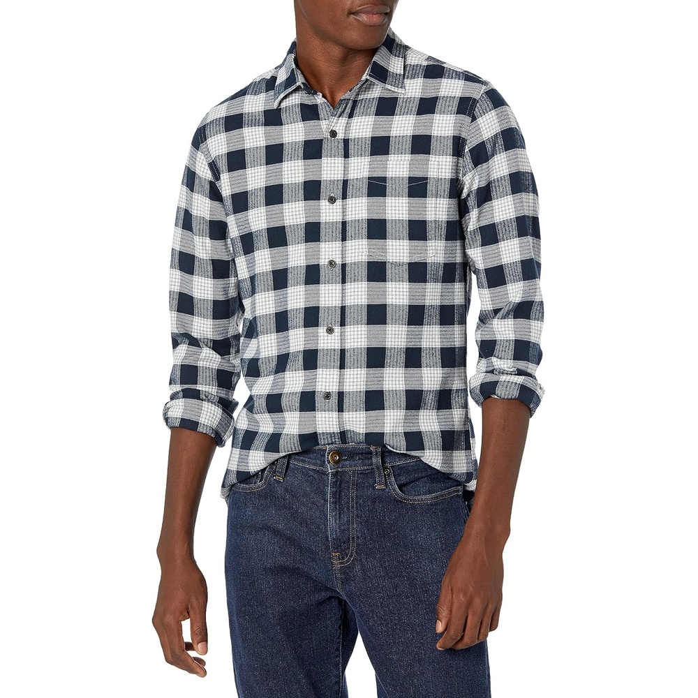 image:imageAmazon Essentials Mens Regular Fit LongSleeve Flannel Shirt Soft Brushed Cotton Lightweight yet WarmNavy Plaid