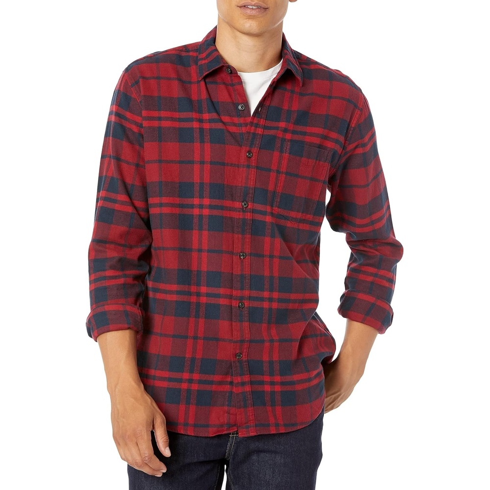 image:imageAmazon Essentials Mens Regular Fit LongSleeve Flannel Shirt Soft Brushed Cotton Lightweight yet WarmRed Plaid