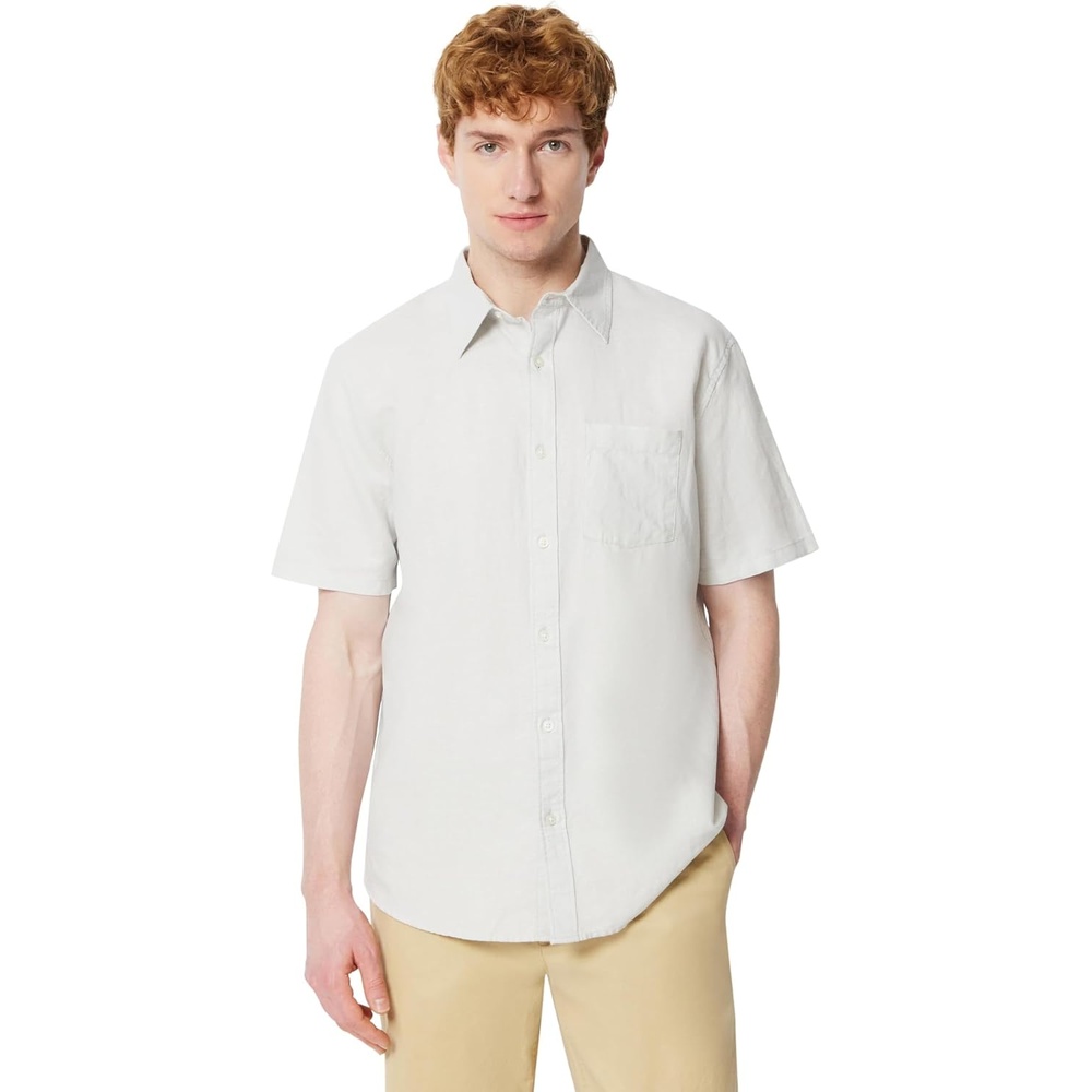 image:imageAmazon Essentials Mens Regular Fit Short Sleeve Linen ShirtLight Grey