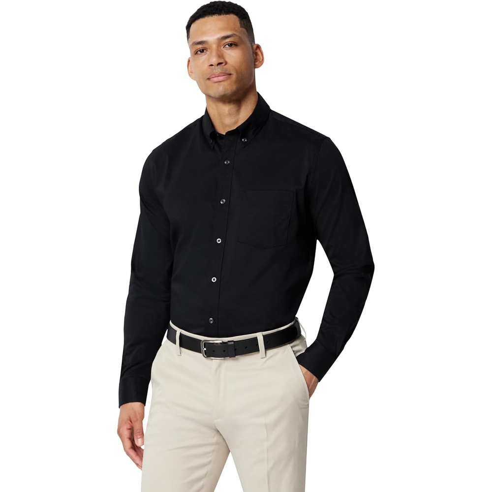 image:imageAmazon Essentials Mens Regular Fit Stretch Wrinkle Free Button Down Collar Dress ShirtBlack