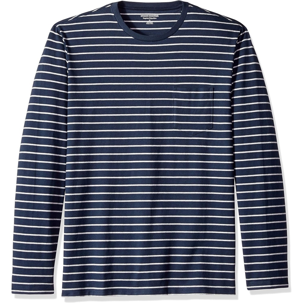 image:imageAmazon Essentials Mens RegularFit Crewneck LongSleeve TShirt Casual Cotton JerseyNavyLight Grey Heather Stripe